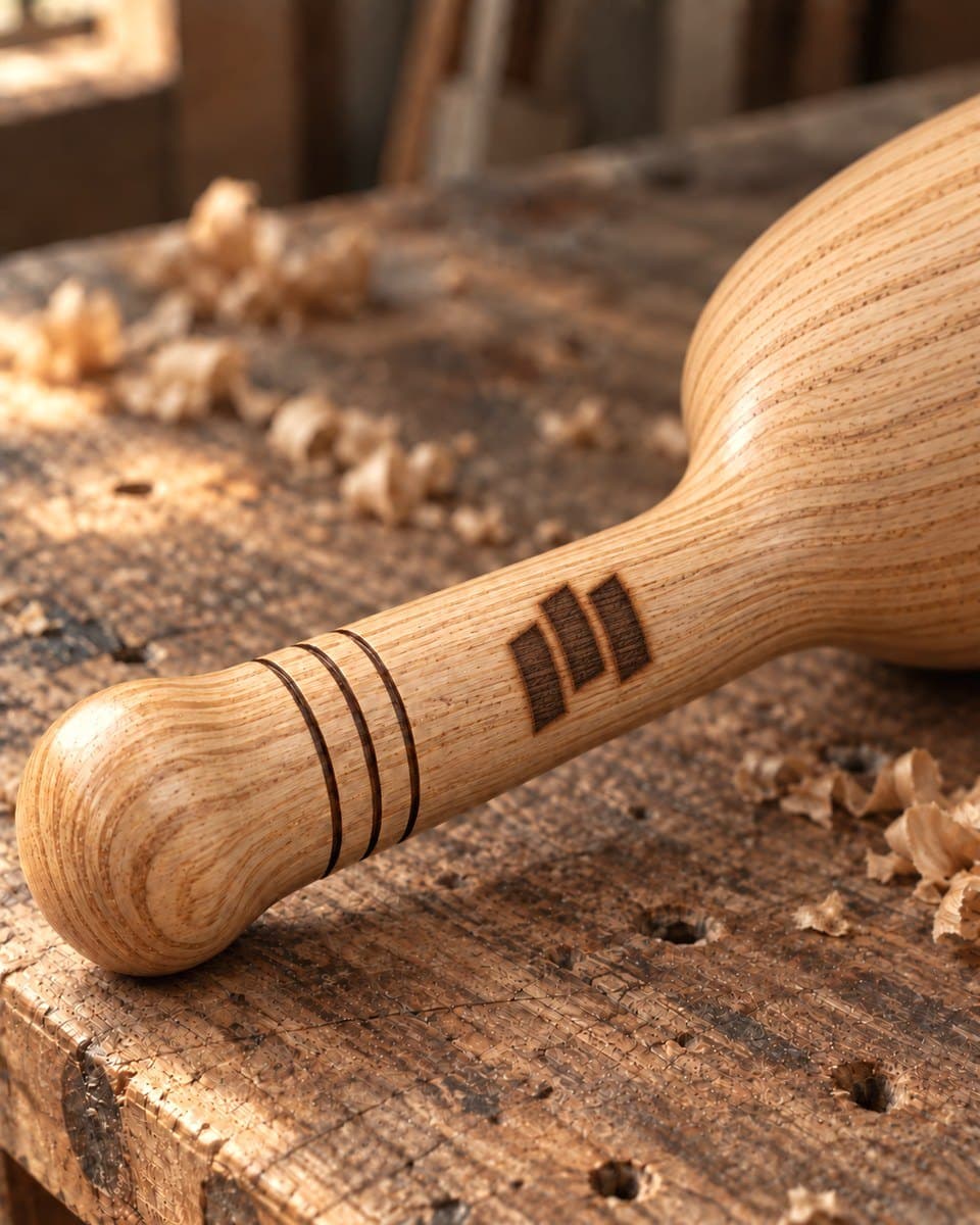 A hand-turned ash mallet on a workbench, with the Ashmark mark burned into its handle